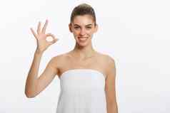 广告概念肖像时尚的时尚的模型淋浴手势象征孤立的白色背景