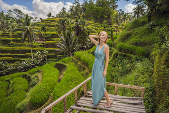 美丽的年轻的女人走典型的亚洲山坡上大米农业山形状绿色级联大米场梯田稻田乌布巴厘岛印尼巴厘岛旅行概念