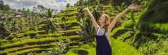 横幅长格式美丽的年轻的女人走典型的亚洲山坡上大米农业山形状绿色级联大米场梯田稻田乌布巴厘岛印尼巴厘岛旅行概念