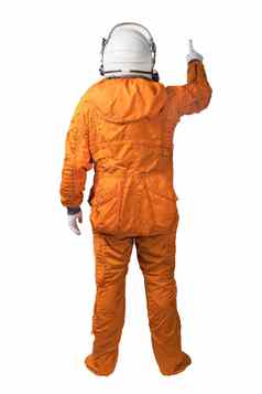 宇航员穿橙色宇航服空间头盔触碰手手势孤立的白色背景