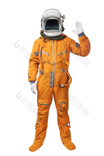 宇航员穿橙色宇航服头盔放弃手手势孤立的白色背景宇航员手势问候