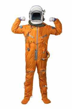 宇航员穿橙色宇航服头盔显示肱二头肌手势孤立的白色背景
