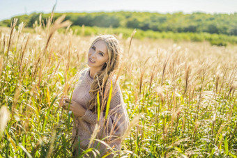 年轻的美丽的女人秋天景观干花小麦峰值时尚秋天冬天阳光明媚的秋天舒适的秋天毛衣时尚照片