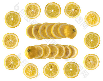 拼贴画成熟的柠檬水果减少平等的部分铺设行白色背景孤立的