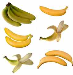 拼贴画成熟的香蕉一半去皮白色背景孤立的