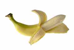 成熟的香蕉一半去皮白色背景孤立的