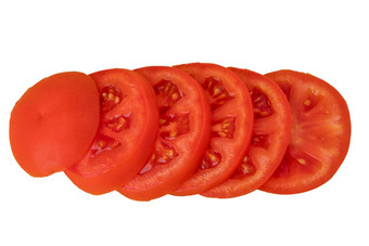 减少红色的西红柿<strong>切片切片</strong>白色板隔离
