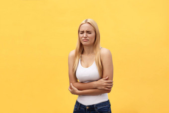 女人胃疼痛胃炎月经标志胃麻烦黄色的背景语气