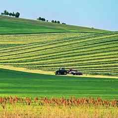 拖拉机场美丽的春天景观农村捷克共和国概念农业自然