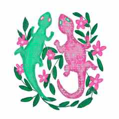 手画插图绿色粉红色的玫瑰壁虎蜥蜴色彩斑斓的明亮的两栖动物动物人少数民族风格绿色叶子分支机构花花背景