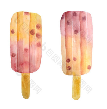 水彩手画插图水果冰棍冰奶油元素甜蜜的美味的美味的健康的食物橙色粉红色的脸红甜点夏天菜单街咖啡馆冻汁糖衣