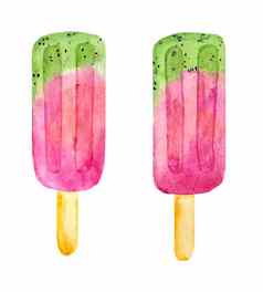 水彩手画插图粉红色的绿色红色的水果冰棍冰奶油猕猴桃西瓜浆果甜点甜蜜的美味的美味的健康的食物夏天菜单街咖啡馆冻汁糖衣