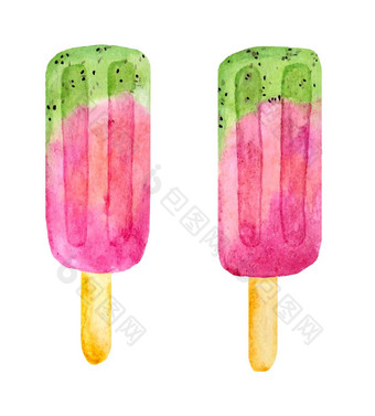 水彩手画插图粉红色的绿色红色的水果冰棍冰奶油猕猴桃西瓜浆果甜点甜蜜的美味的美味的健康的食物夏天菜单街咖啡馆冻汁糖衣