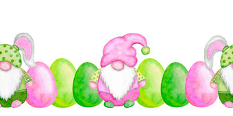 无缝的水彩手画水平边界复活节鸡蛋地精绿色粉红色的樱红色玫瑰花卡通设计4月春天打印明亮的有趣的元素复活节卡片邀请