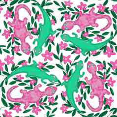 手画无缝的模式绿色粉红色的玫瑰壁虎蜥蜴色彩斑斓的明亮的两栖动物动物人少数民族风格绿色叶子分支机构花花背景