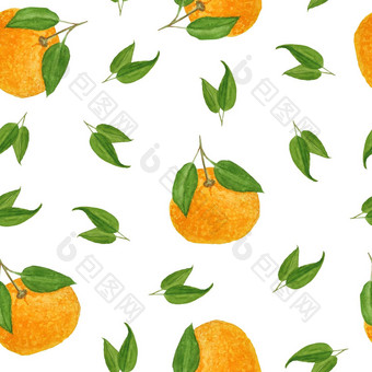 水彩手画无缝的模式插图明亮的橙色橘子普通话柑橘类水果充满活力的绿色叶子食物有机素食者标签包装自然设计时尚的