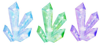 水彩插图闪亮的晶体闪闪发光的宝石柔和的颜色绿色粉红色的紫色的蓝色的元素珠宝紫水晶锆石魔法神秘的设计闪闪发光的背景女巫巫术概念