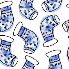 水彩无缝的手画模式圣诞节一年饰品袜子蓝色的绿松石白色背景黑色的涂鸦行时尚的现代卡通风格当代冬天12月设计