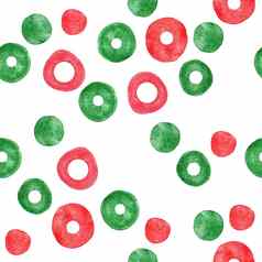 水彩无缝的手画模式红色的绿色摘要形状元素圈环轮波尔卡点明亮的夏天背景极简主义现代织物打印设计纺织壁纸包装纸简单的有机形式