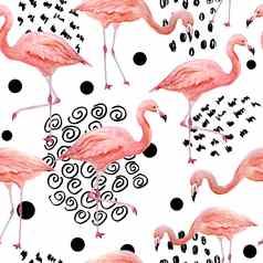 无缝的模式粉红色的火烈鸟黑色的时尚的当代背景热带异国情调的鸟玫瑰火烈鸟水彩手画现实的动物插图夏天鸟野生动物包装纸壁纸卡片纺织