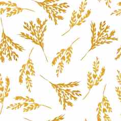 无缝的手画水彩模式赭色黄色的野生草本植物叶子木林地森林粮食小麦有机自然植物花植物设计壁纸纺织秋天秋天收获