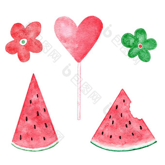 水彩手画插图西瓜红色的绿色颜色夏天水果设计聚会，派对装饰蔬菜背景自然有机植物片<strong>种子元素</strong>新鲜的食物概念