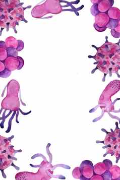 手画水彩粉红色的紫色的病毒细菌页面框架边境微观细胞疾病病毒细菌微生物插图微生物学概念平元素医疗海报教育书信息图表设计