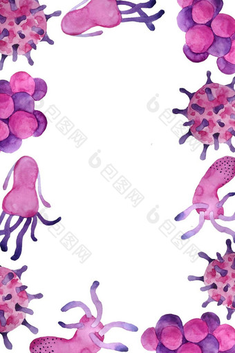 手画水彩粉红色的紫色的病毒细<strong>菌</strong>页面框架边境微观细胞疾病病毒细<strong>菌</strong>微生物插图微生物学概念平元素医疗<strong>海报</strong>教育书信息图表设计