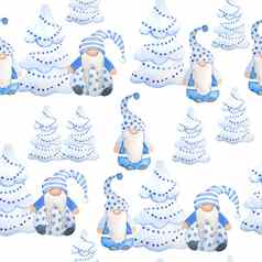 水彩手画无缝的模式北欧斯堪的那维亚地精圣诞节装饰树一年插图蓝色的灰色圣诞节冷杉树有趣的冬天字符北瑞典精灵他胡子问候卡