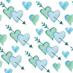 无缝的水彩手画模式绿色蓝色的绿松石心箭头情人节一天织物包装纸优雅的设计背景爱庆祝活动婚礼现代纹理