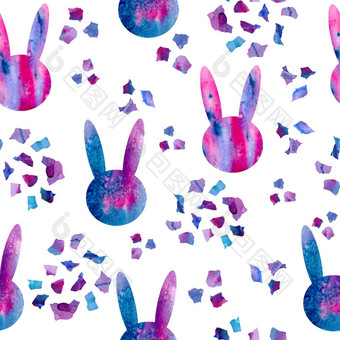 <strong>水彩</strong>手画无缝的模式插图复活节<strong>兔子</strong>小<strong>兔子</strong>轮廓轮廓摘要空间星系淡紫色紫罗兰色的紫色的五彩纸屑蓝色的背景复活节春天假期装饰