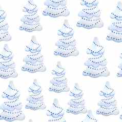 水彩无缝的手画模式圣诞节冷杉松树蓝色的装饰点缀一年庆祝活动设计北欧斯堪的那维亚风格白色背景极简主义简单的卡通