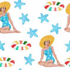 水彩手画无缝的模式海滩氛围假期夏天假期女人明星海海洋航海元素泳装泳衣火烈鸟棕榈热带夏威夷设计冰奶油袋他