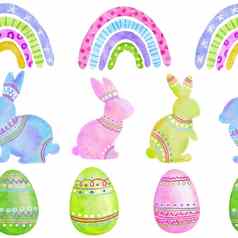 水彩无缝的手画模式复活节鸡蛋小兔子兔子raibows柔和的粉红色的绿色蓝色的颜色春天4月背景聚会，派对装饰包装纸纺织