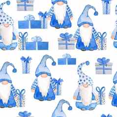 水彩手画无缝的模式北欧斯堪的那维亚地精圣诞节装饰礼物礼物一年插图蓝色的灰色卡通风格有趣的冬天字符北瑞典精灵他胡子问候卡