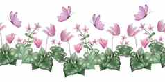 水彩手画无缝的水平边境插图粉红色的紫罗兰色的紫色的仙客来野生花蝴蝶森林木林地自然植物现实的设计叶子花瓣婚礼卡片邀请
