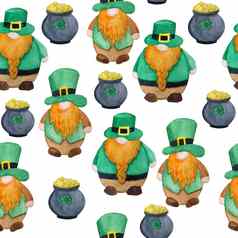 无缝的水彩手画模式帕特里克一天游行元素爱尔兰爱尔兰地精小矮人小妖精绿色帽子能黄金宝幸运的三叶草白花酢浆草背景魔法凯尔特传统