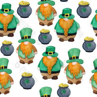 无缝的水彩手画模式帕特里克一天游行元素爱尔兰爱尔兰地精小矮人小妖精绿色帽子能黄金宝幸运的三叶草白花酢浆草背景魔法凯尔特传统