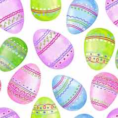 水彩无缝的手画模式复活节鸡蛋小兔子兔子柔和的粉红色的绿色蓝色的颜色春天4月背景聚会，派对装饰包装纸纺织