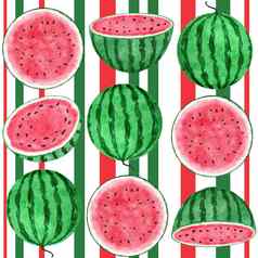 水彩手画无缝的模式西瓜水果条纹红色的绿色热带食物明亮的夏天假期背景多汁的弗雷希自然植物设计几何元素