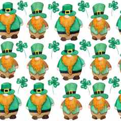 无缝的水彩手画模式帕特里克一天游行元素爱尔兰爱尔兰地精小矮人小妖精绿色帽子幸运的三叶草白花酢浆草背景魔法凯尔特文化传统