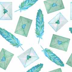 无缝的水彩手画模式绿色蓝色的绿松石信羽毛鹅毛笔心情人节一天织物包装纸优雅的设计背景爱庆祝活动婚礼现代打印