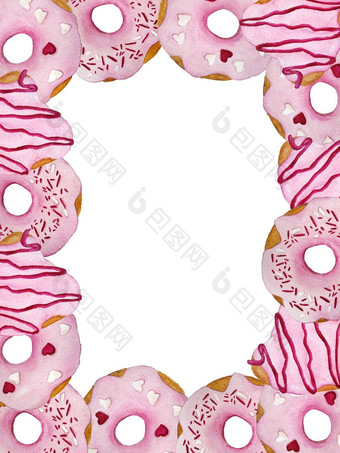 水彩手画页面框架模板插图粉红色的甜蜜的美味的美味的甜甜圈糖釉心爱装饰情人节一天纺织包装纸面包店甜点食物