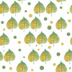 无缝的手画水彩模式绿色黄色的野生叶子木林地森林波尔卡点有机自然植物花植物设计纺织包装纸秋天秋天