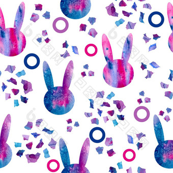 水彩手画无缝的模式插图复活节兔子小兔子轮廓轮廓摘要空间星系淡紫色紫罗兰色的紫色的五彩纸屑蓝色的背景复活节春天假期装饰