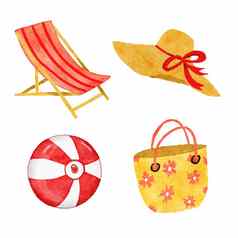 水彩手画插图海滩甲板折叠椅子红色的橙色黄色的颜色夏天稻草他假期假期球手提包袋度假时尚