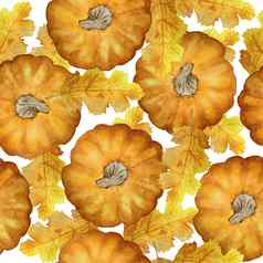 水彩手画无缝的模式橙色南瓜10月秋天秋天叶子叶森林木农场收获概念感恩节万圣节clebration温暖的装饰设计纺织海报