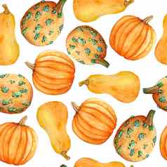 水彩手画无缝的模式橙色南瓜有机农民健康的食物ingridient万圣节感恩节庆祝活动设计插图装饰秋天秋天收获标签纺织