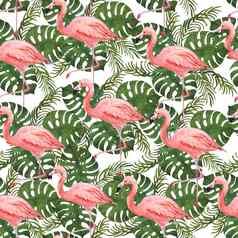 水彩手画无缝的模式粉红色的火烈鸟鸟热带绿色monstera棕榈丛林叶子背景夏天假期假期概念打印卡邀请t恤装饰纺织