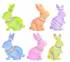 水彩手画复活节小兔子兔子蓝色的绿色粉红色的橙色柔和的颜色春天4月庆祝活动设计可爱的动物装饰少数民族饰品有趣的打印